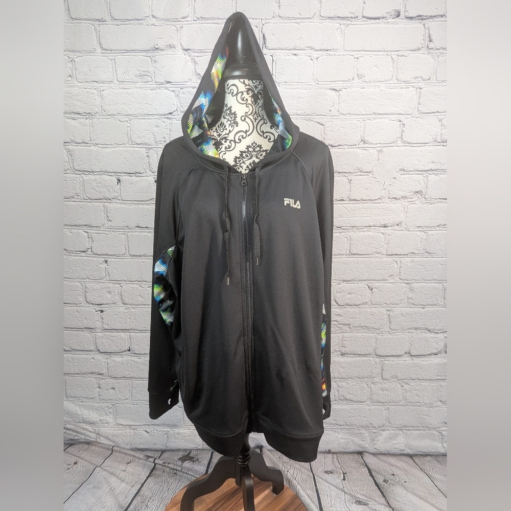 Fila women's Long Sleeve Stretch Knit Geo Print Zip Front 2x Hoodie Pockets wrbb